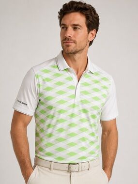Galvin Green Men’s White Green Argyle Performance Golf Polo Shirt XL technical
